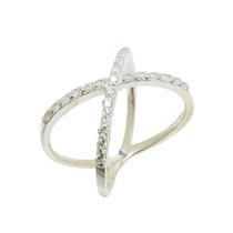 Anel Feminino Formato em X Prata 925 Modelo Moara Cravejado com Micro Zircônias Anel Feminino Formato em X Prata 925 Modelo Moara Cravejado com Micro Zircônias