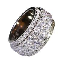Anel Feminino Largo De Prata Com Zircônia Cúbica Brilhante, Banda Redonda Cravejada, Joia De