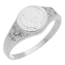 Anel Feminino Prata 950 Medalha São Bento Cravejado Pedras Anel Feminino Prata 950 Medalha São Bento Cravejado Pedras