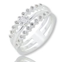 Anel Feminino Prata Aparador Triplo Cravejado Solitário Anel Feminino Prata Aparador Triplo Cravejado Solitário