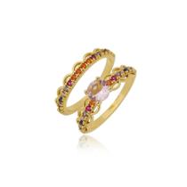 Anel Feminino Solitário Duplo com Zircônias Coloridas - Anel Feminino Solitário Duplo com Zircônias Coloridas -