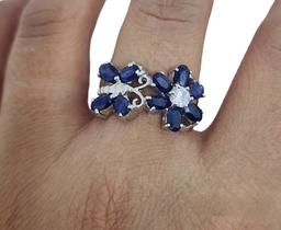 Anel flor e borboleta em prata 925 com safiras e zircônias Aro 19