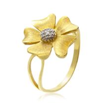 Anel Flor Fosco com Zircônia em Ouro 18K