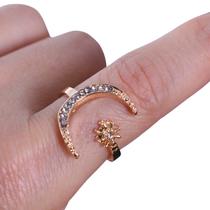 Anel Formato de Lua Dourado Luxo Strass Elegante Mulher Anel Formato de Lua Dourado Luxo Strass Elegante Mulher