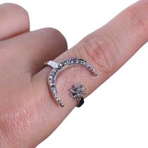 Anel Formato de Lua Prateado Luxo Strass Elegante Mulher -