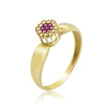 Anel Formatura Chuveiro com Rubi e Zircônias em Ouro 18K