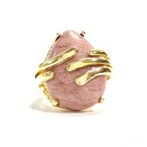 Anel Grande de Pedra Natural Rosa Banhado a Ouro 18k