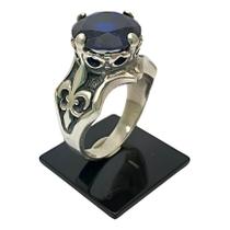 Anel Grande em Prata 950 Maçonaria Templario Flor De Liz Pedra Azul Marinho - Ma2051
