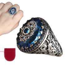 Anel Grande Prateado Desenhado Pedra Azul Ajustável