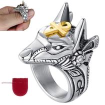 Anel Grande Prateado Deus Anúbis Egito Regulável Anel Grande Prateado Deus Anúbis Egito Regulável