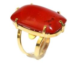 Anel Jaspe Africano Retangulo Cabochão Dourado Aro Ajustavel