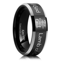 Anel King Will Black Tungsten de 8 mm com padrão Lamb of God