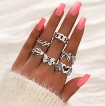 Anel Kit 5 Peças Prateado Borboleta Mascara Coração Asas Cupido Corrrente Espinho