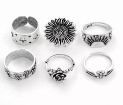 Anel Kit 6 Peças Borboleta Flor Girassol Sol Raio Estrela Prateado