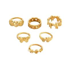 Anel Kit 6 Peças Dourado Borboleta Mascara Coração Asas Anel Kit 6 Peças Dourado Borboleta Mascara Coração Asas