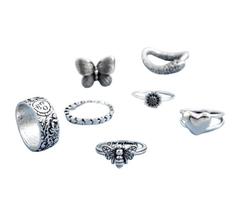 Anel Kit 7 Peças Prateado Borboleta Girassol Coração Estrela