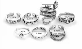 Anel Kit 7 Peças Prateado Cogumelo Serpente Flor Corrente