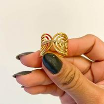 Anel largo círculos com entremeio zircônias banhado a ouro 18k