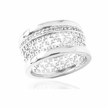 Anel Largo Com Zircônias e Mini Quadrados Banhado a Prata