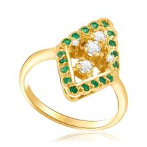 Anel Losango de Ouro Amarelo com 5 Diamantes e 18 Esmeraldas