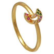 Anel Lua com Zircônias Coloridas Softjoias Folheado em Ouro