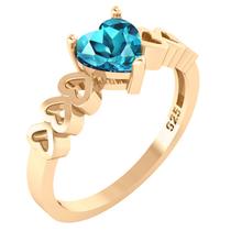 Anel Luxo Coração Prata 925 Dourada A Ouro 18k- Topázio Azul - TUDO PRATA