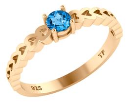 Anel Luxo Corações Prata 925 Dourada Ouro 18k - Topázio Azul - Tudo Prata