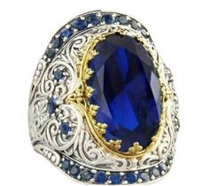 Anel Luxuoso da Corte Real - Banda Vintage Nobre com Pedra Central Azul Profundo