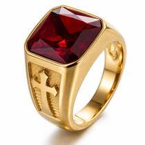 Anel Masculino Com Pedra Vermelha Rubi Banhado Ouro 18k Detalhe Cruz Católico Fé Cristão Religioso Signete Dedadeira Robusto Anatômico Semijoia Anel Masculino Com Pedra Vermelha Rubi Banhado Ouro 18k Detalhe Cruz Católico Fé Cristão Religioso Signete Dedadeira Robusto Anatômico Semijoia