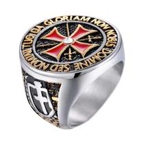 Anel Masculino De Aço Inoxidável Prateado Com Cruz Vermelha Incrustada De Zircônia Cúbica, Joia Dos Anel Masculino De Aço Inoxidável Prateado Com Cruz Vermelha Incrustada De Zircônia Cúbica, Joia Dos