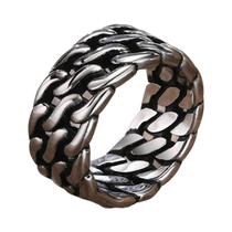 Anel Masculino De Aço Inoxidável Preto 10mm Estilo Retrô Punk Com Corrente Dupla Cubana Vazada