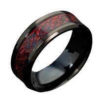 Anel Masculino De Tungstênio Preto De 8mm Com Dragão Celta E Fibra De Carbono Vermelha, Aliança De