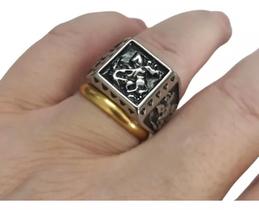 Anel Masculino Dedeira São Jorge Aço Inox Aço 316l Quadrado MSG-3 IMPORTS Anel Masculino Dedeira São Jorge Aço Inox Aço 316l Quadrado MSG-3 IMPORTS