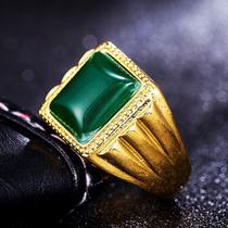Anel Masculino Dourado Pedra Verde Banhado Ajustável