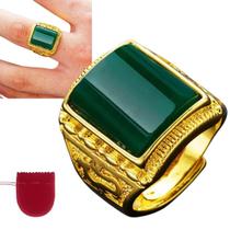 Anel Masculino Dourado Pedra Verde Banhado Regulável