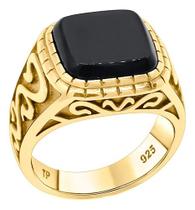Anel Masculino Esculpido Prata 925 Dourada 18k - Black Ônix Anel Masculino Esculpido Prata 925 Dourada 18k - Black Ônix