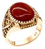 Anel Masculino Oval Prata 925 Dourada Ouro 18k Ágata Vermelha