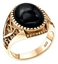 Anel Masculino Oval Prata 925 Dourada Ouro 18k - Black Ônix