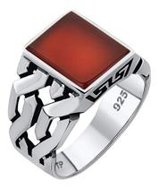 Anel Masculino Prata 925 Ágata Vermelha Elos Esculpidos - Tudo Prata