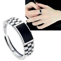 Anel Masculino Prateado Preto Discreto Regulável Anel Masculino Prateado Preto Discreto Regulável