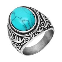 Anel Masculino Retrô De Aço Titânio Turquesa Com Incrustação De Ônix Três Cores E Opala Dominante