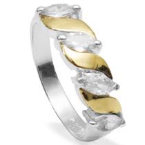 Anel Meia Aliança Em Prata Zircônias e Aplique em Ouro 14 K Anel Meia Aliança Em Prata Zircônias e Aplique em Ouro 14 K