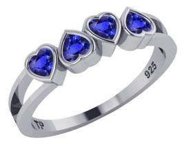 Anel Meia Aliança Prata 925 Corações Safira Azul - Exclusivo
