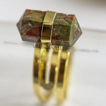 Anel Micro Pontinha Pedra Unakita Bi Ponta Ajustavel Dourado