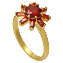 Anel Modelo Flor com Cristais Vermelho Softjoias Folheado em Ouro 18k