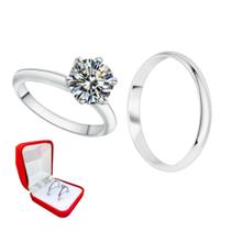Anel Namoro Prata 2mm Unissex + Anel Solitario Prata Pedra Branca 2mm