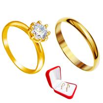 Anel Noivado Ouro 18k 2mm + Anel Solitario 2mm Ouro 18k Pedra Branca
