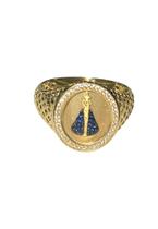 Anel nossa senhora aparecida ouro 18k amarelo com zirconio azul e branco aro 22.rosangela lima joias