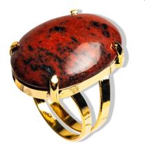 Anel Obsidiana Mahogany Oval Pedra Natural Dourado Ajustavel