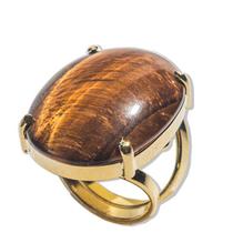 Anel Olho de Tigre Oval Pedra Natural Dourado Aro Ajustável